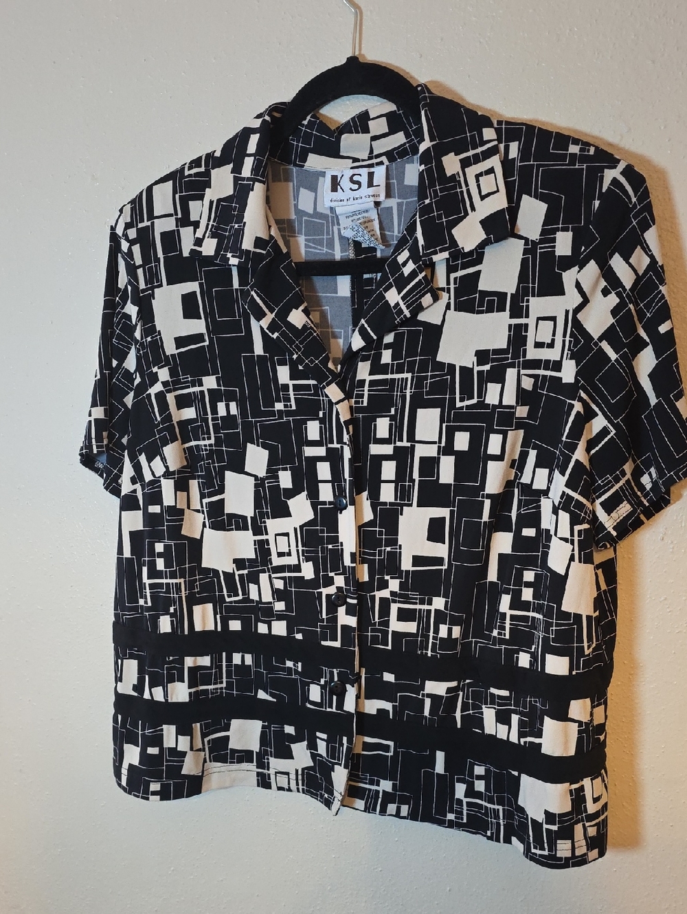 KSL Black & White Geometric Button-Up Blouse 16W Open Back